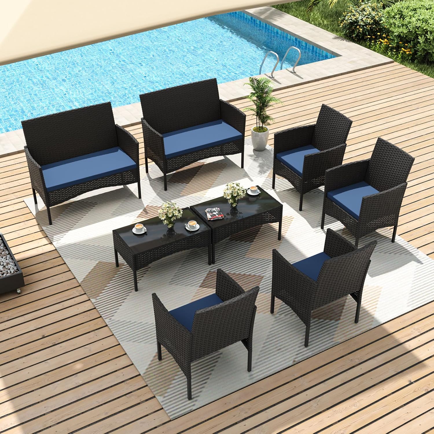 Outdoor Furniture Metal Chairs - 8-teiliges Gartenmöbel-Set, Rattan-Outdoormöbel mit 4 Stühlen,