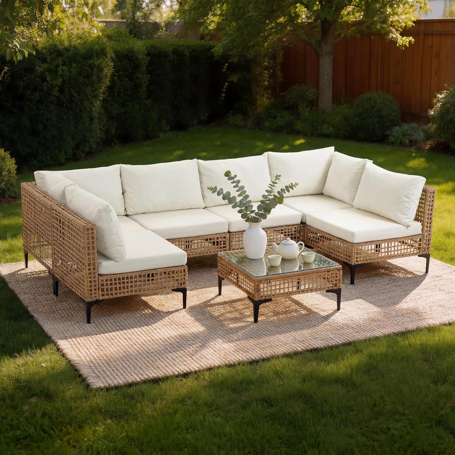 Outdoor Furniture Luxury - 7-teiliges Outdoor-Terrassenmöbel-Set aus wetterfestem Rattan-Geflecht mit