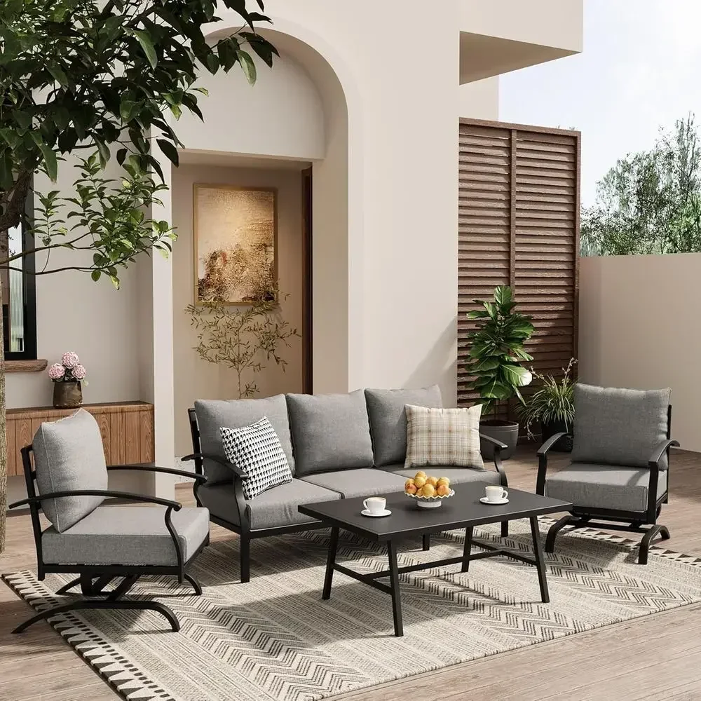 Outdoor Furniture Metal Chairs - Graues Outdoor-Metall-Terrassenmöbel-Set mit Couchtisch und Schaukelstühlen